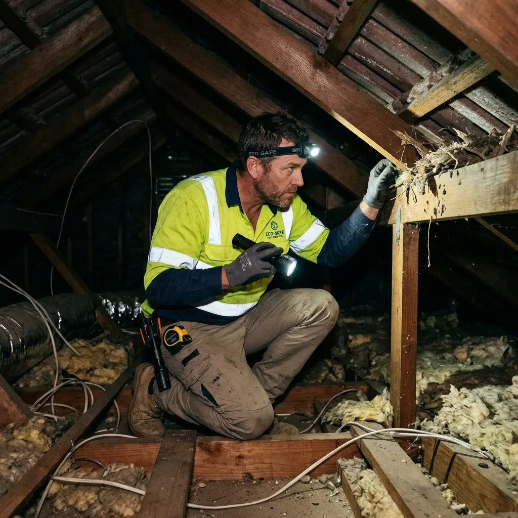 Technician inspecting a Deer Park subfloor void for a deceased cat
